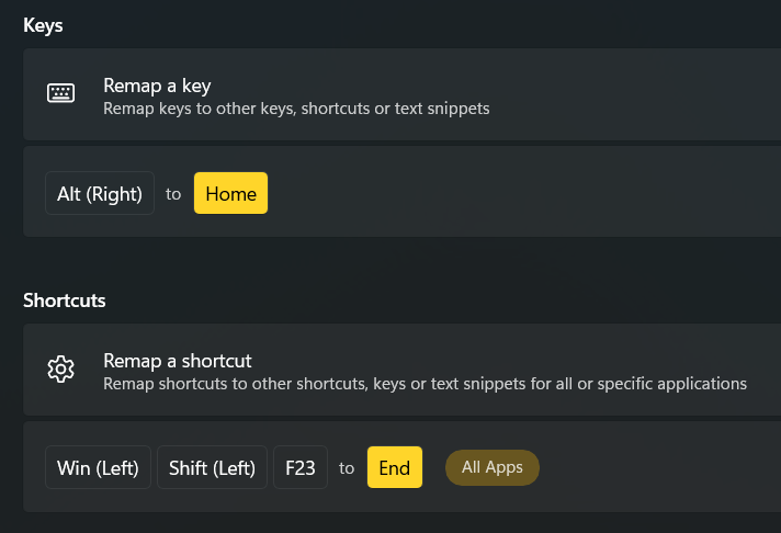PowerToys screenshot after setting up the two remappings.
